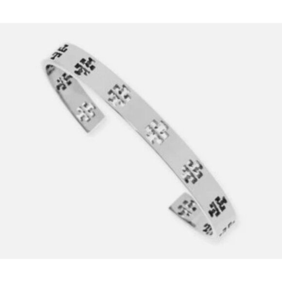 NEW!  Tory Burch Silver Logo T Pierced Logo Cuff Bracelet - Picture 2 of 4